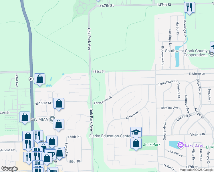 map of restaurants, bars, coffee shops, grocery stores, and more near 15121 Chestnut Lane in Oak Forest
