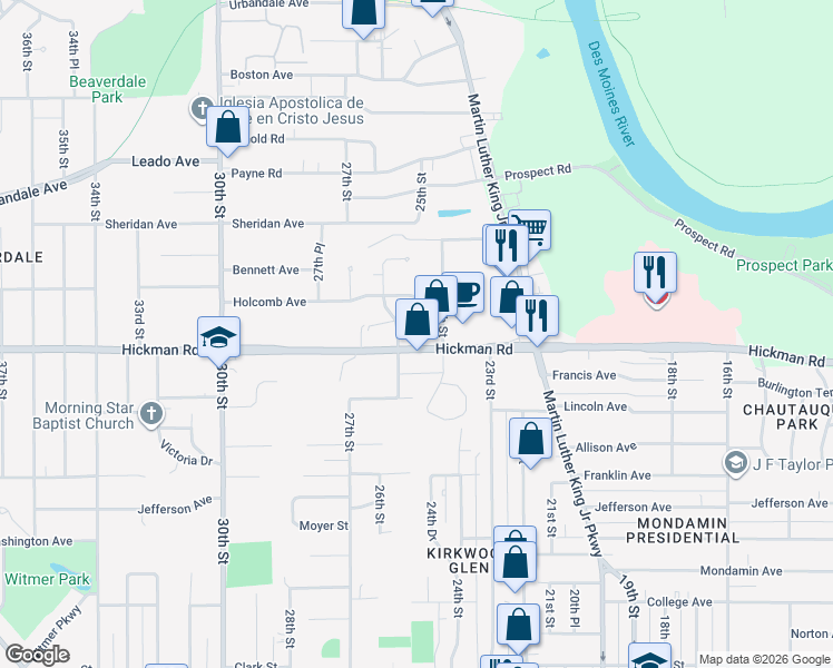 map of restaurants, bars, coffee shops, grocery stores, and more near 2416 Holcomb Avenue in Des Moines