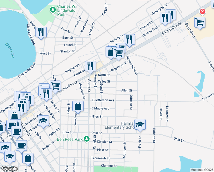 map of restaurants, bars, coffee shops, grocery stores, and more near 303-305 Talley Street in La Porte