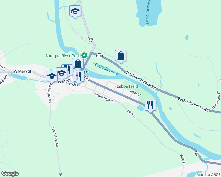 map of restaurants, bars, coffee shops, grocery stores, and more near 116 Main Street in Sprague