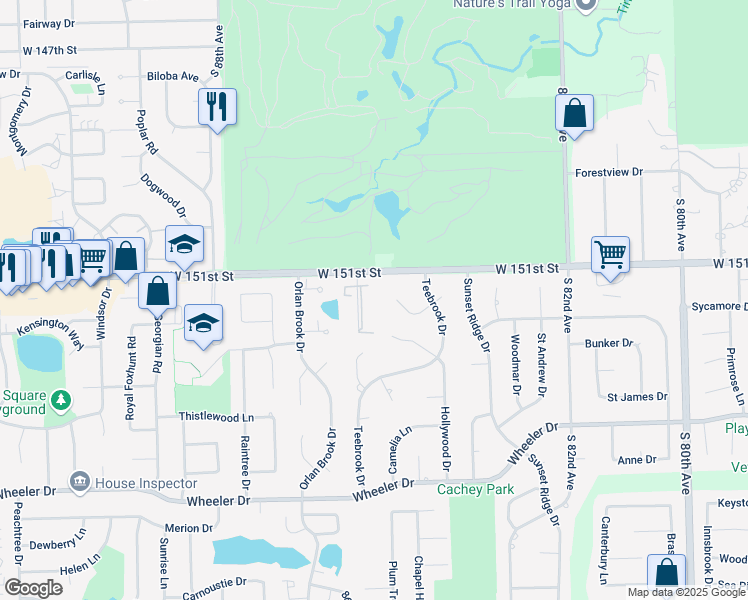 map of restaurants, bars, coffee shops, grocery stores, and more near 15103 Quail Hollow Drive in Orland Park