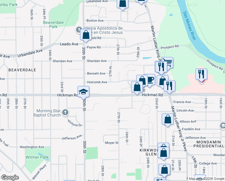 map of restaurants, bars, coffee shops, grocery stores, and more near 2706 Holcomb Avenue in Des Moines