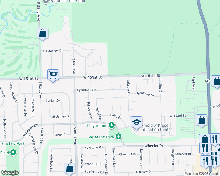 map of restaurants, bars, coffee shops, grocery stores, and more near 7758 Sycamore Drive in Orland Park