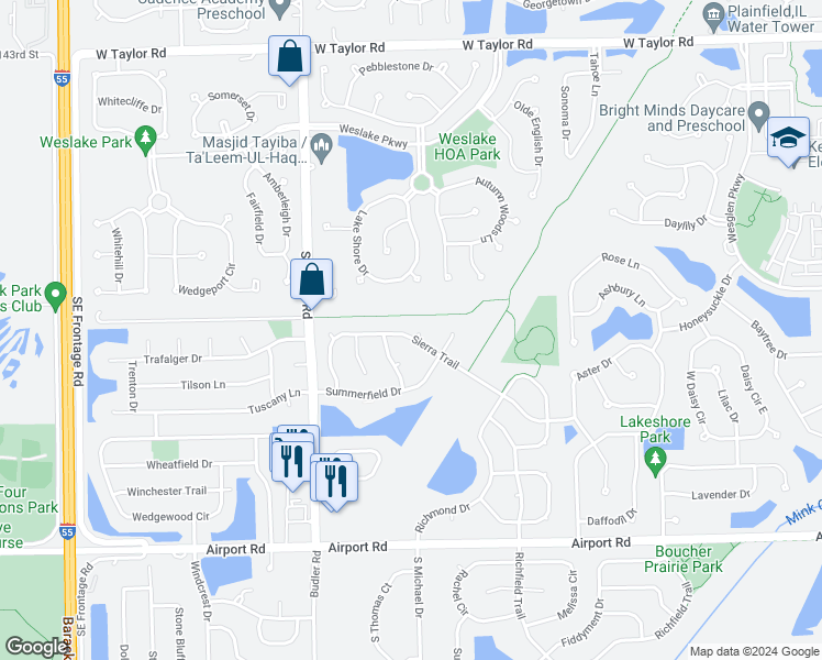 map of restaurants, bars, coffee shops, grocery stores, and more near 1816 Sierra Trail in Romeoville
