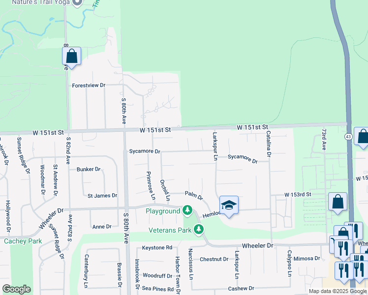 map of restaurants, bars, coffee shops, grocery stores, and more near 7758 Sycamore Drive in Orland Park