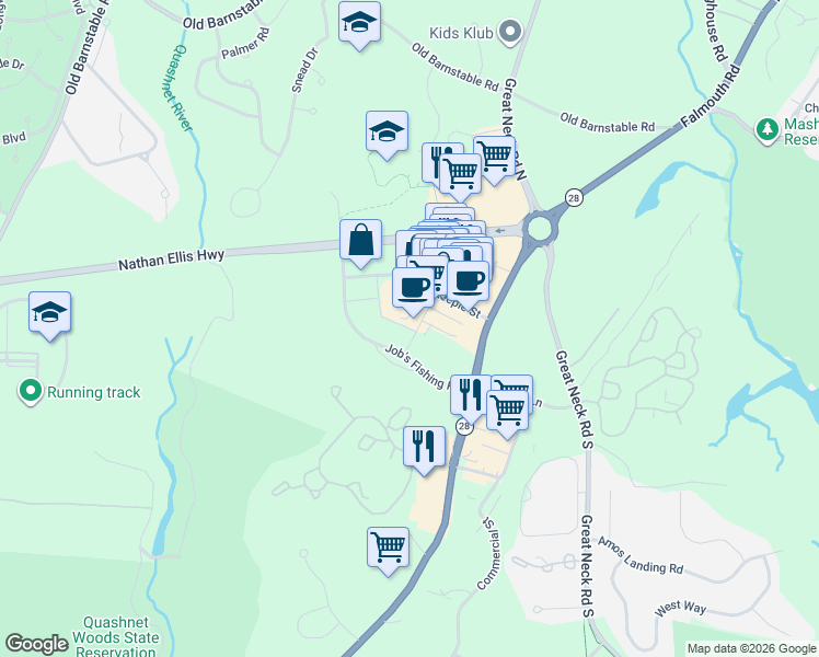 map of restaurants, bars, coffee shops, grocery stores, and more near 45 Market Street in Mashpee
