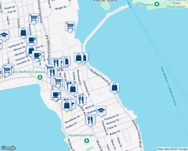 map of restaurants, bars, coffee shops, grocery stores, and more near 1775 East Rodney French Boulevard in New Bedford