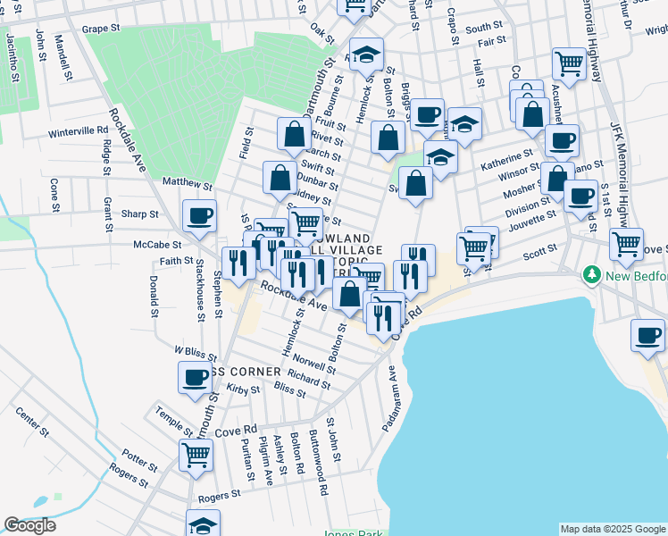 map of restaurants, bars, coffee shops, grocery stores, and more near 35 Winsper Street in New Bedford