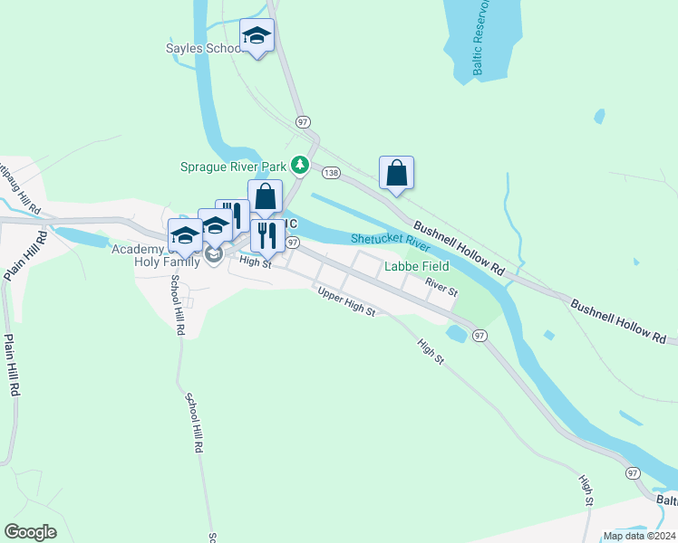 map of restaurants, bars, coffee shops, grocery stores, and more near 92 Main Street in Sprague