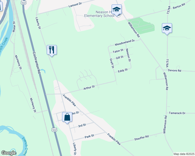 map of restaurants, bars, coffee shops, grocery stores, and more near 19741-19799 Forest Green Drive in Meadville