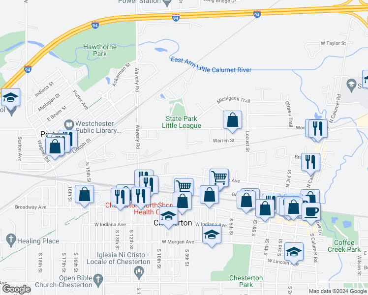 map of restaurants, bars, coffee shops, grocery stores, and more near 411 North 8th Street in Chesterton