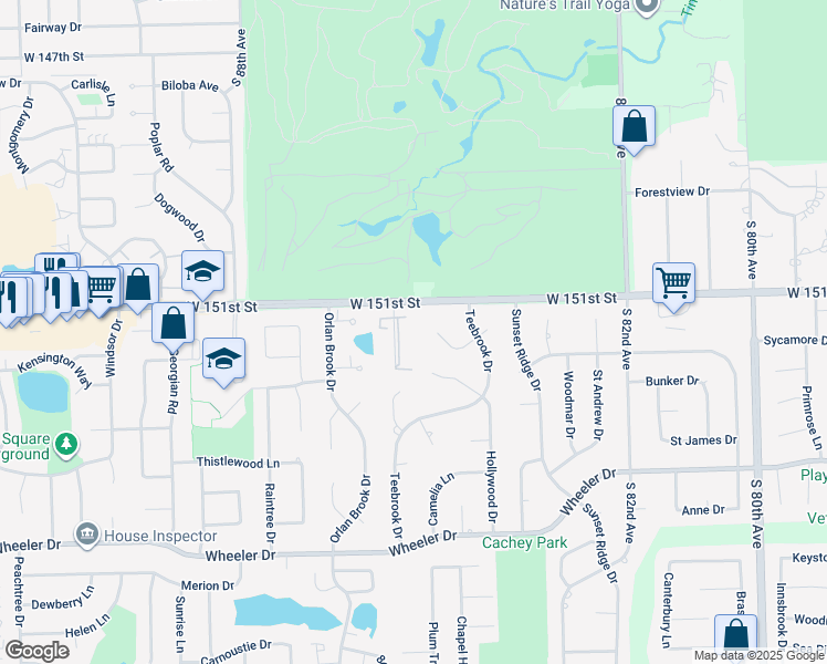 map of restaurants, bars, coffee shops, grocery stores, and more near 15103 Quail Hollow Drive in Orland Park