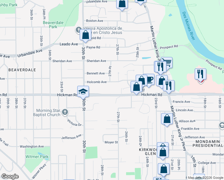 map of restaurants, bars, coffee shops, grocery stores, and more near 2706 Holcomb Avenue in Des Moines