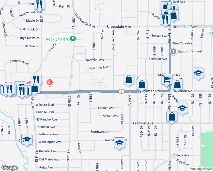 map of restaurants, bars, coffee shops, grocery stores, and more near 6715 Hickman Road in Urbandale