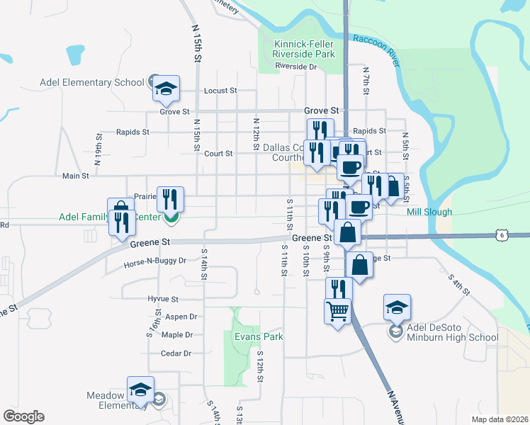 map of restaurants, bars, coffee shops, grocery stores, and more near 1137 Prairie Street in Adel