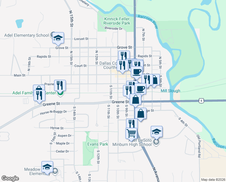 map of restaurants, bars, coffee shops, grocery stores, and more near 202 South 10th Street in Adel