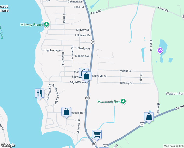map of restaurants, bars, coffee shops, grocery stores, and more near 10998 Highway 18 in Conneaut Lake