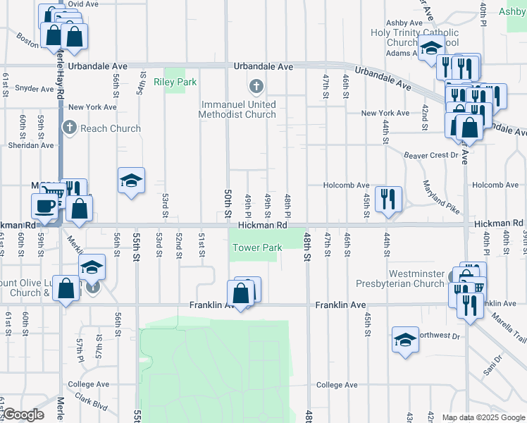 map of restaurants, bars, coffee shops, grocery stores, and more near 2316 49th Street in Des Moines
