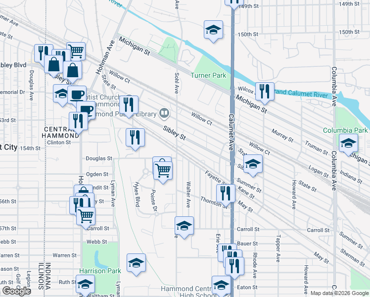 map of restaurants, bars, coffee shops, grocery stores, and more near 620 Sibley St in Hammond