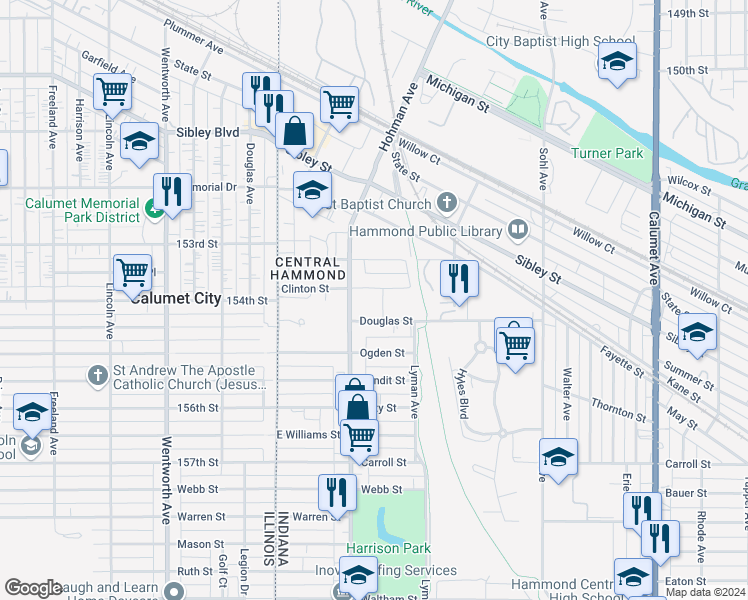 map of restaurants, bars, coffee shops, grocery stores, and more near 5400 Federal Plaza in Hammond