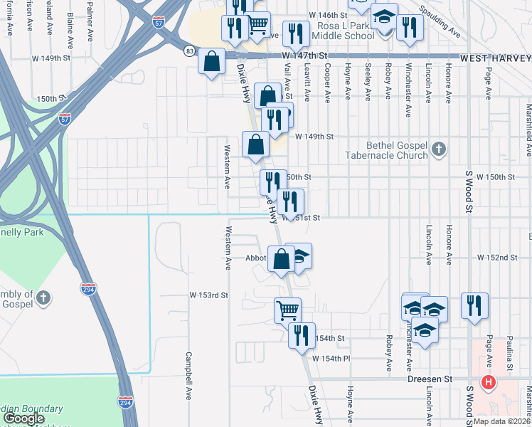 map of restaurants, bars, coffee shops, grocery stores, and more near 292 West 150th Street in Harvey