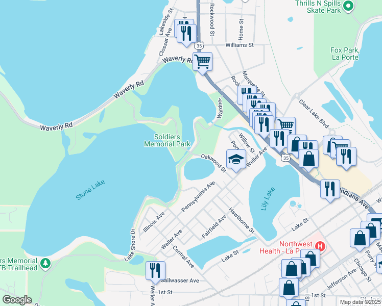 map of restaurants, bars, coffee shops, grocery stores, and more near 537 Oakwood Street in La Porte