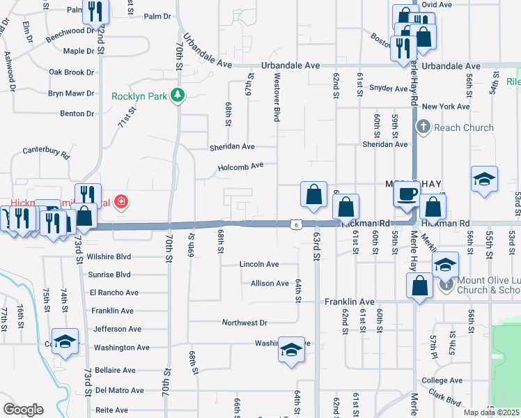 map of restaurants, bars, coffee shops, grocery stores, and more near 6715 Hickman Road in Urbandale