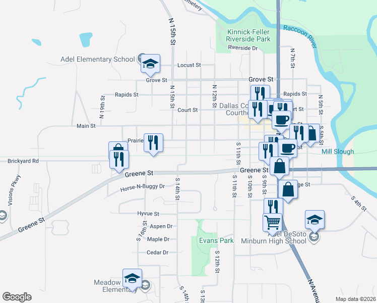 map of restaurants, bars, coffee shops, grocery stores, and more near 1301 Prairie Street in Adel