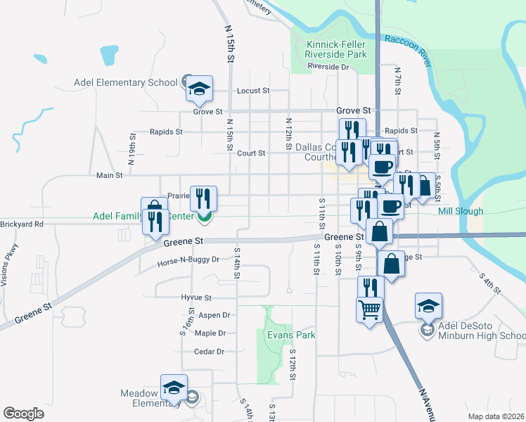 map of restaurants, bars, coffee shops, grocery stores, and more near 1301 Prairie Street in Adel