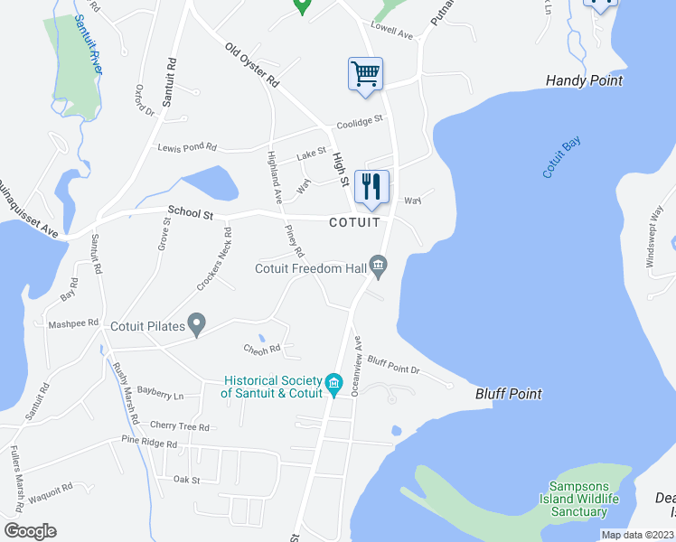 map of restaurants, bars, coffee shops, grocery stores, and more near 36 Poponessett Road in Barnstable