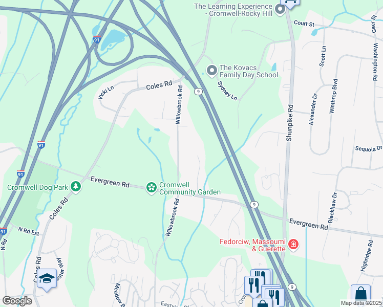 map of restaurants, bars, coffee shops, grocery stores, and more near 76 Willowbrook Road in Cromwell