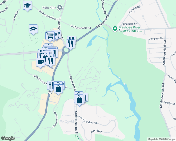 map of restaurants, bars, coffee shops, grocery stores, and more near 20 Gold Leaf Lane in Mashpee