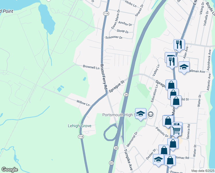 map of restaurants, bars, coffee shops, grocery stores, and more near 25 Bristol Ferry Road in Portsmouth