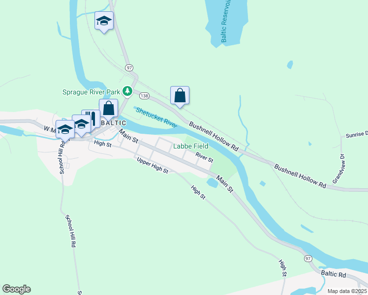map of restaurants, bars, coffee shops, grocery stores, and more near 50 River Street in Sprague