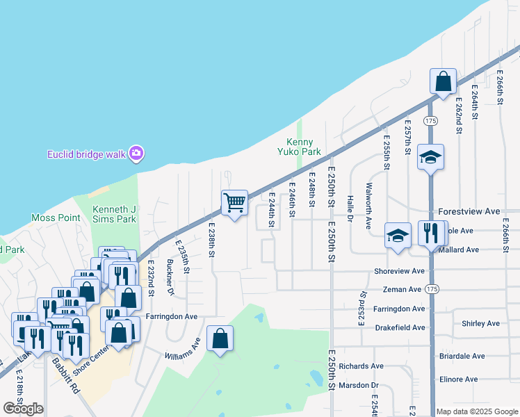 map of restaurants, bars, coffee shops, grocery stores, and more near 24390 Lakeshore Boulevard in Euclid