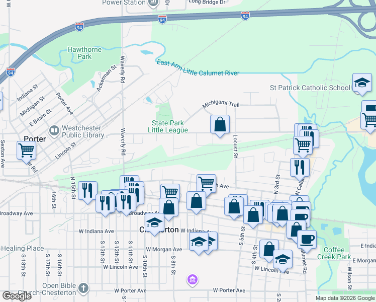 map of restaurants, bars, coffee shops, grocery stores, and more near 702 Carla Drive in Chesterton