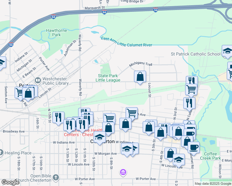 map of restaurants, bars, coffee shops, grocery stores, and more near 411 North 8th Street in Chesterton