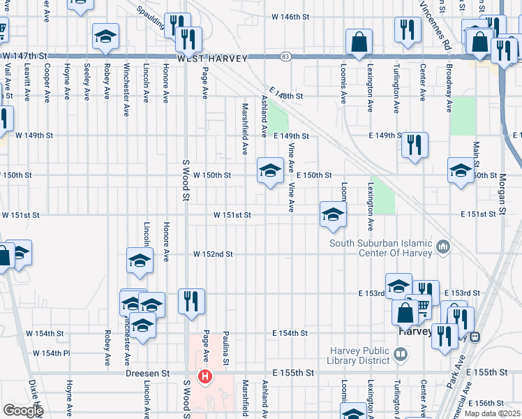 map of restaurants, bars, coffee shops, grocery stores, and more near 15031 South Ashland Avenue in Harvey