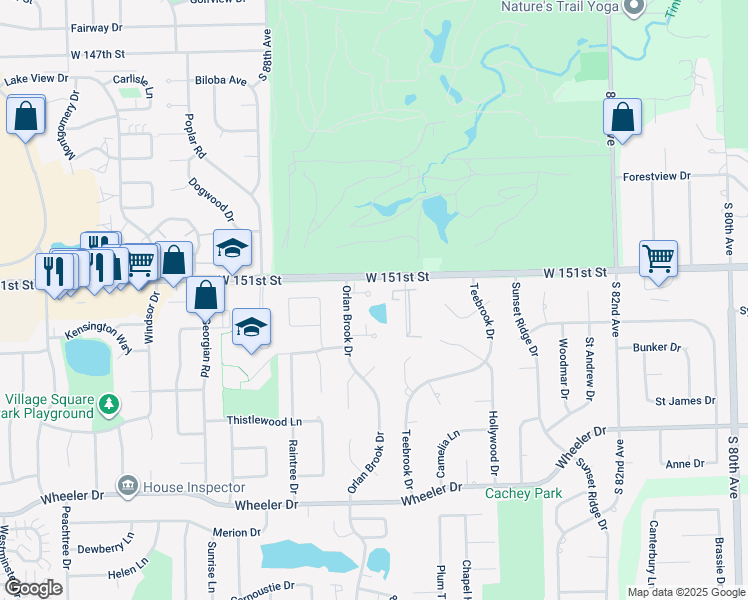 map of restaurants, bars, coffee shops, grocery stores, and more near 8605 151st Street in Orland Park