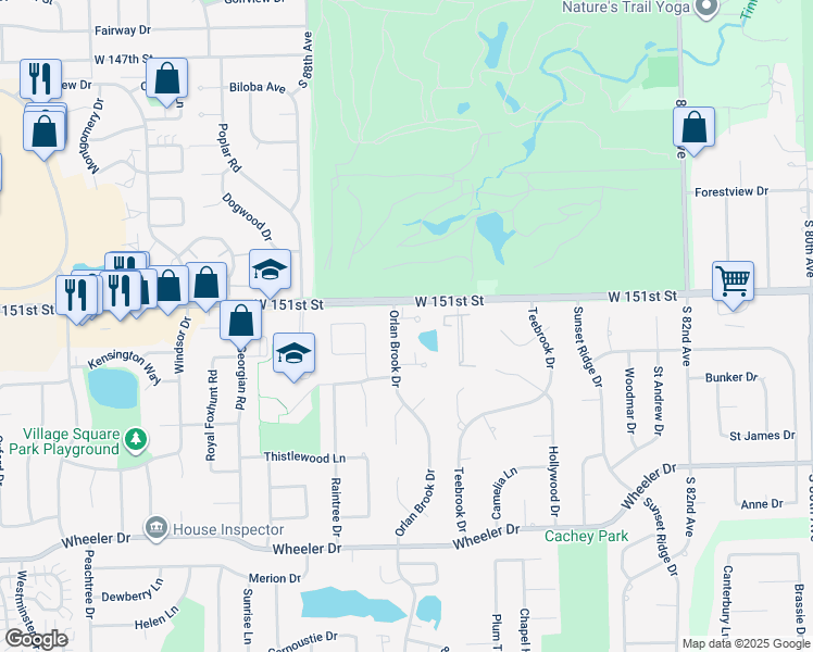 map of restaurants, bars, coffee shops, grocery stores, and more near 8605 151st Street in Orland Park