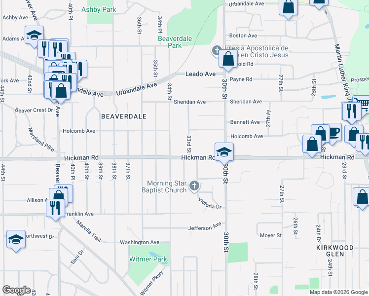 map of restaurants, bars, coffee shops, grocery stores, and more near 2323 33rd Street in Des Moines