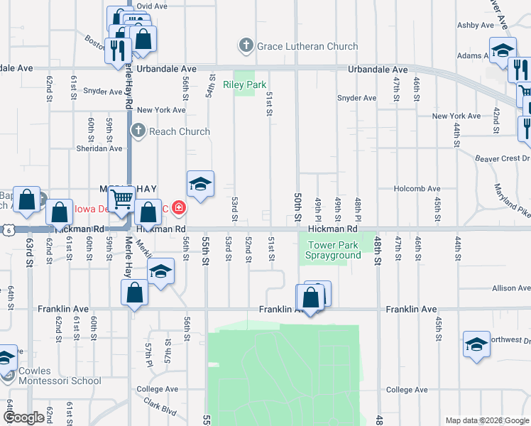 map of restaurants, bars, coffee shops, grocery stores, and more near 2404 51st Street in Des Moines