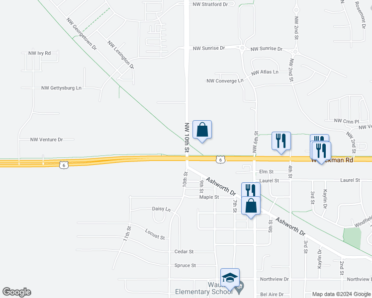 map of restaurants, bars, coffee shops, grocery stores, and more near 125 North 10th Street in Dallas Center