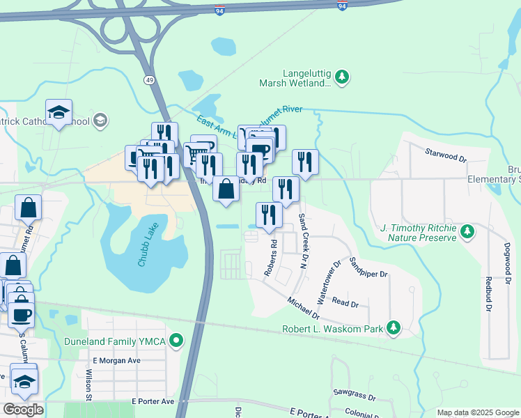 map of restaurants, bars, coffee shops, grocery stores, and more near 770 Indian Boundary Road in Chesterton