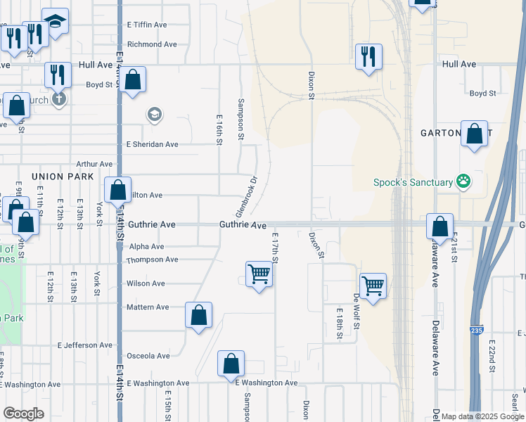 map of restaurants, bars, coffee shops, grocery stores, and more near 1680 Guthrie Avenue in Des Moines