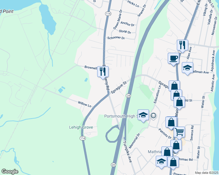 map of restaurants, bars, coffee shops, grocery stores, and more near 25 Bristol Ferry Road in Portsmouth