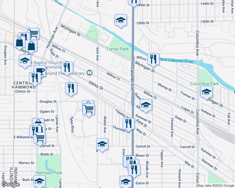 map of restaurants, bars, coffee shops, grocery stores, and more near 701 Sibley Street in Hammond