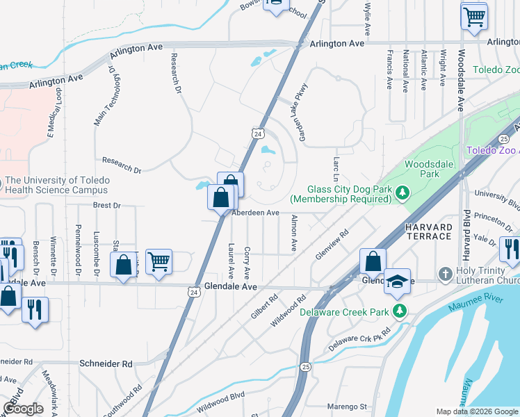 map of restaurants, bars, coffee shops, grocery stores, and more near 2306 Aberdeen Avenue in Toledo