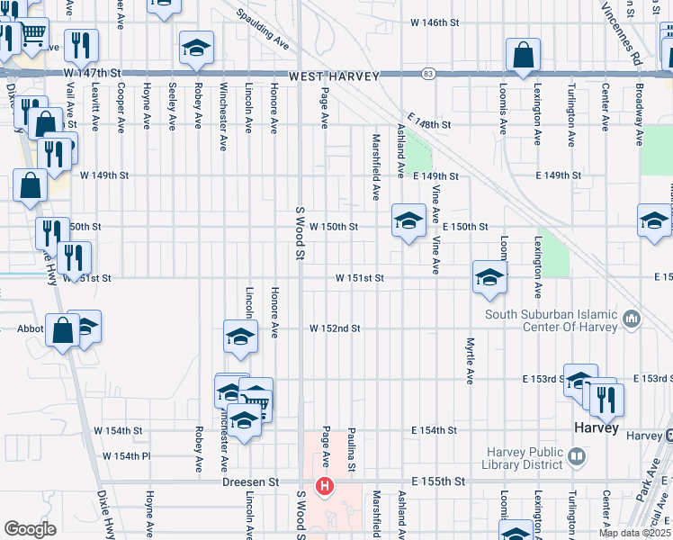 map of restaurants, bars, coffee shops, grocery stores, and more near 15032 Paulina Street in Harvey