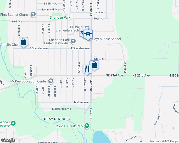 map of restaurants, bars, coffee shops, grocery stores, and more near 2320 East 42nd Street in Des Moines